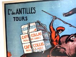 AFFICHE 1927 ORIGINALE LITHO CAFé COLLAS PERLE Cie des INDES TOURS éléphant