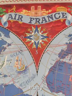 AFFICHE AIR FRANCE Ancienne Plannisphere Lithographie par LUCIEN BOUCHET 1952