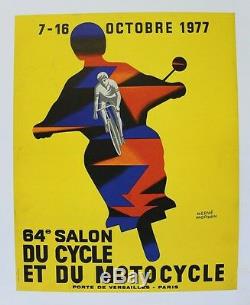 AFFICHE ANCIENNE 64e SALON CYCLE MOTO PARIS 1977 MORVAN vélo scooter vespa