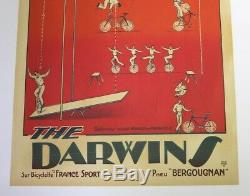 AFFICHE ANCIENNE CIRQUE CYCLISTE VELO DARWIN'S pneu BERGOUGNAN HARFORD 1920-30