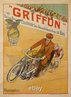 AFFICHE ANCIENNE ENTOILEE TRINQUIER TRIANON CYCLES MOTOCYCLES GRIFFON circa 1910