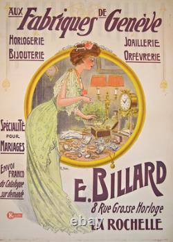 AFFICHE ANCIENNE HEM E. BILLARD AUX FABRIQUES DE GENEVE, JOAILLERIE circa 1900