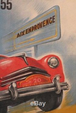 AFFICHE ANCIENNE ORIGINALE AIX EN PROVENCE 5eme RALLYE AUTOMOBILE 1955 litho car