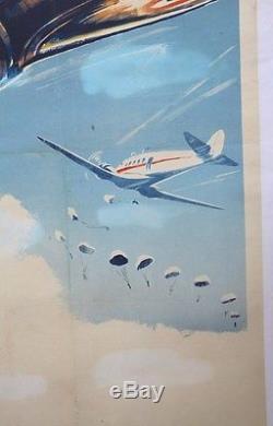 AFFICHE ANCIENNE ORIGINALE GEO HAM AVIATION avion P47 thunder DC3 parachutisme