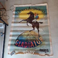 AFFICHE ANCIENNE VIGNERES CYCLES AUTOMOBILES GLADIATOR 1900 160/115 Cm moto