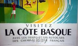 Affiche Ancienne Visitez La Cote Basque Golf Polo Pelote Jacquemin 1964 Sncf