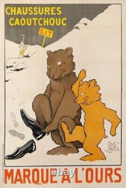 AFFICHE ANCIENNE de GUS BOFA CHAUSSURES CAOUTCHOUC MARQUE A L'OURS circa 1900