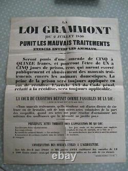 AFFICHE FIN XIXe Protection animale LOI GRAMMONT 1850 antérieur à la SPA