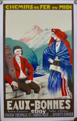 AFFICHE ORIGINALE ENTOILEE EAUX BONNES PYRENEES par COLAS 1930