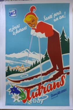AFFICHE ORIGINALE ENTOILEE SKI a AUTRANS par GORDE en 1956
