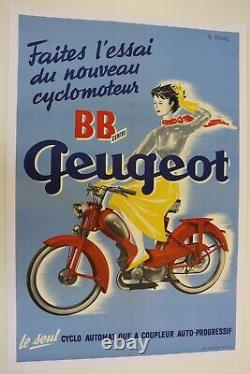 AFFICHE ancienne CYCLO PEUGEOT BB = Brigitte Bardot 1958 pin-up mobylette mob