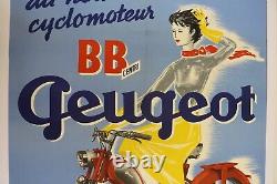 AFFICHE ancienne CYCLO PEUGEOT BB = Brigitte Bardot 1958 pin-up mobylette mob