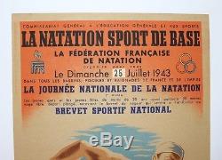 AFFICHE originale NATATION FFN 25 JUILLET 1943 LITHO poster Guyenne WW2 swimming