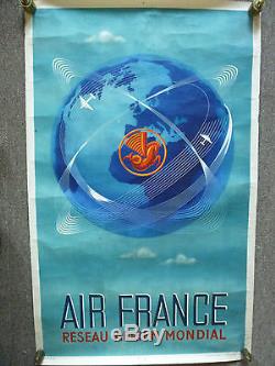 Ancienne Grande Affiche Air France Originale Reseau Earien Mondial Plaquet