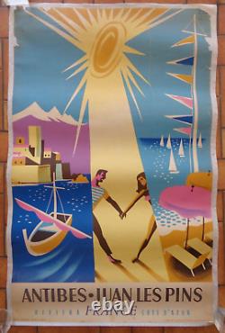 ANTIBES-JUAN LES PINS Côte d'Azur AFFICHE ANCIENNE ROLAND HUGON Vintage poster