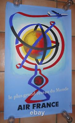 Affiche Air France, ancienne originale, le plus grand reseau du monde, nathan