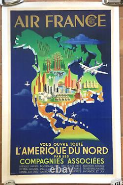 Affiche Ancienne Air France Amerique Du Nort Plaquet 1951 62 X 100 CM