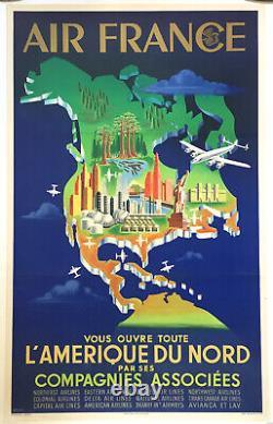 Affiche Ancienne Air France Amerique Du Nort Plaquet 1951 62 X 100 CM