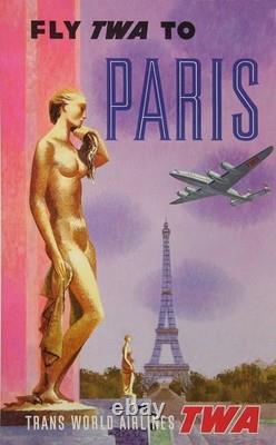 Affiche Ancienne Fly Twa Paris France La Tour Eiffel