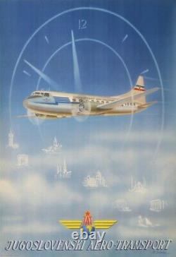 Affiche Ancienne Jat Jugoslovenski Aero Transport Yougoslavie 1954