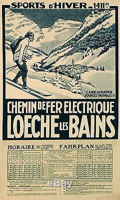 Affiche Ancienne Loeche Les Bains Chemin De Fer Electrique Sports D'hiver 1922