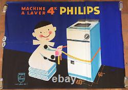 Affiche Ancienne Machine A Laver Philips Pierrot Seguin Circa 1960 120 X 160 CM