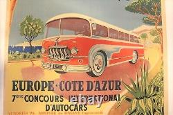 Affiche Ancienne Nice Cote D'azur Rallye Concours Car Bus Autocar Autobus 1954