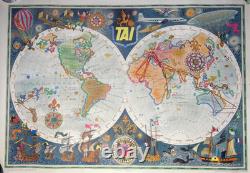 Affiche Ancienne Originale Années 50 Planisphère Aviation TAI Luc Marie BAYLE