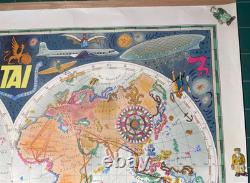 Affiche Ancienne Originale Années 50 Planisphère Aviation TAI Luc Marie BAYLE