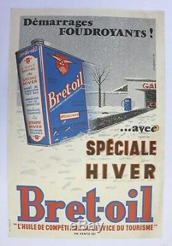 Affiche Ancienne Originale Bidon Huile Bret Oil Bretocyl Pompe Essence 1955