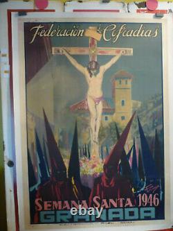 Affiche Ancienne Originale Espagne semana santa Grenade 1946 entoilée