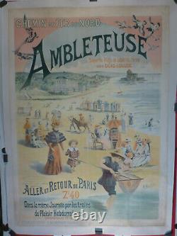 Affiche Ancienne Originale chemin de fer Ambleteuse entoilée 1903 RARISSIME
