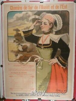 Affiche Ancienne Originale chemin de fer voyage Bretagne Grun 1901 entoilée