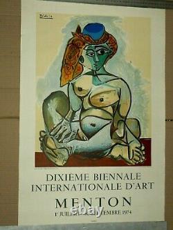 Affiche Ancienne PICASSO Menton 1974 Mourlot litho Peinture femme Nue Poster