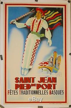 Affiche Ancienne Saint Jean Pied de Port par Muro Uriza, entoile, bon état