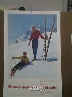 Affiche Ancienne Ski Aux Pyrenees Ax Le Saquet Bagneres Font Romeu Luchon