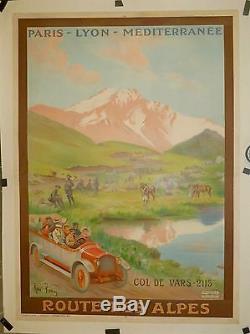 Affiche Ancienne c 1900 Route des Alpes Col de VARS Autocar et militaires
