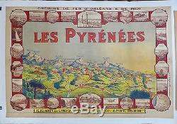 Affiche Ancienne c 1910 CARTE des PYRENEES imp PECH a Bordeaux Entoilée TBE