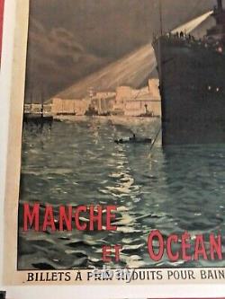 Affiche Ancienne chemin de fer Bretagne Manche océan Brest vers 1910 rare