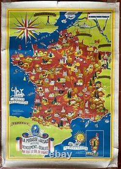 Affiche Carte FRANCE POTASSE D'ALSACE Agriculture LUCIEN BOUCHER 64x90cm 50's