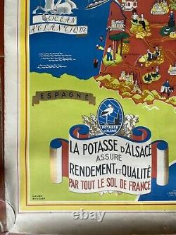 Affiche Carte FRANCE POTASSE D'ALSACE Agriculture LUCIEN BOUCHER 64x90cm 50's