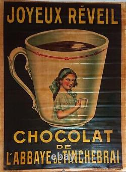 Affiche Chocolat Abbaye de Tinchebray. Cémoi. Rare publicité sur zinc 1910