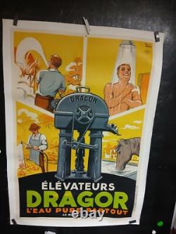 Affiche Elevateurs Pompes Dragor Litho Annees 1935 120x80cm Entoilee