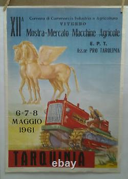 Affiche Originale Ancienne Mercato Machine Agricole Tracteur Tarquinia Italie
