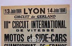 Affiche Originale Ancienne Moto Side Car Lyon Juin 1964 Circuit Gerland Bp