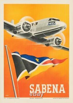 Affiche Originale Cros M. Sabena Aviation Congo Belge Avion 1939