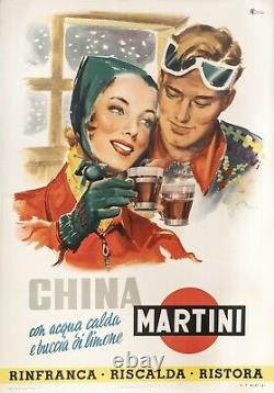 Affiche Originale Rossi M. China Martini Quinquina Ski Alcool 1950