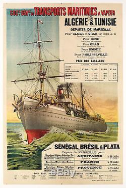 Affiche Originale Transports à Vapeur Algérie Tunisie Afrique Brésil 1889