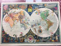 Affiche Pub TAI Planisphère humoristique, Luc Marie Bayle 1950 Édition 550ex