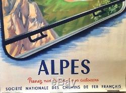 Affiche SNCF Visitez la France ALPES Lithographie Originale de 1952